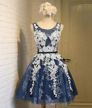 Cute round neck lace tulle dark blue short prom dress, bridesmaid dress