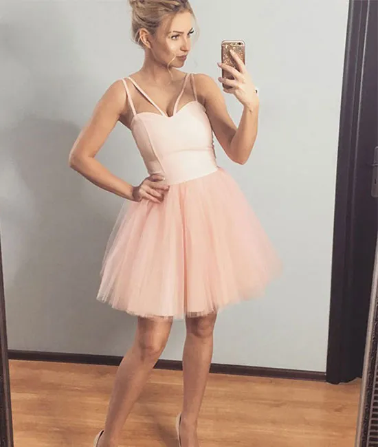 Cute sweetheart tulle short prom dress, pink homecoming dress