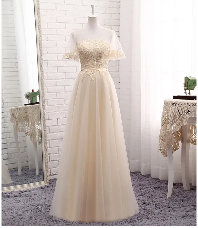 Cute Tulle and Lace Long Party Dress, A-line Tulle Short Sleeves Bridesmaid Dress