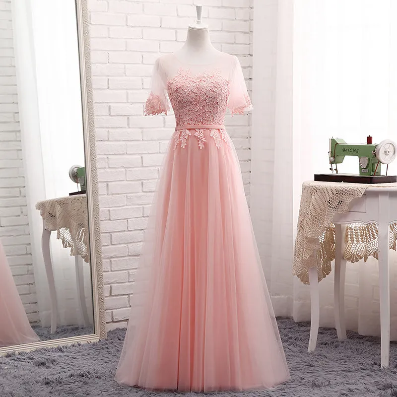 Cute Tulle and Lace Long Party Dress, A-line Tulle Short Sleeves Bridesmaid Dress