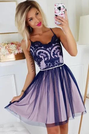 Cute tulle lace short prom dress, tulle lace homecoming dress