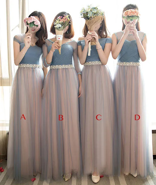 Cute tulle long prom dress, tulle gray bridesamid dress