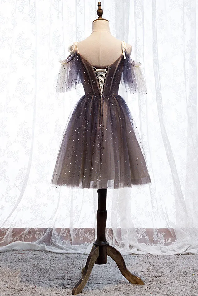 Cute tulle short prom dress tulle lace gray homecoming dress