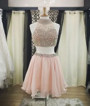 Cute two pieces sequin short prom dress, cute pink homecoming dress