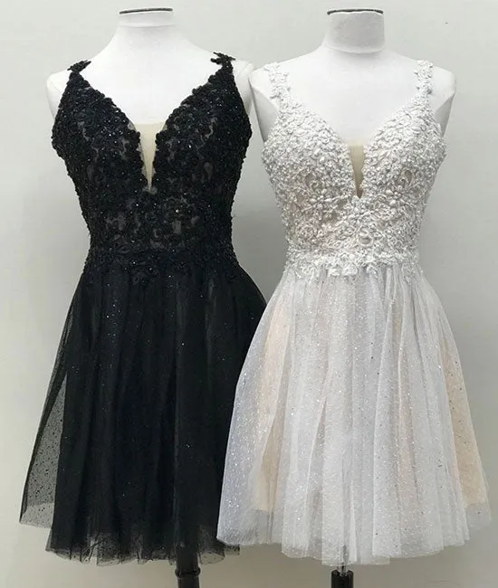 Cute v neck lace tulle short prom dress, homecoming dress