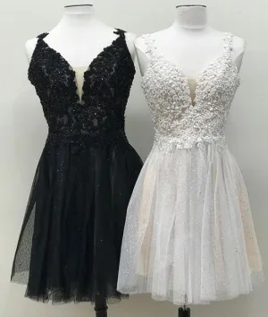 Cute v neck lace tulle short prom dress, homecoming dress