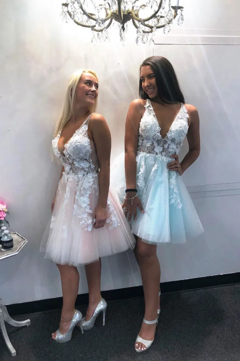 Cute v neck tulle lace short prom dress lace homecoming dress