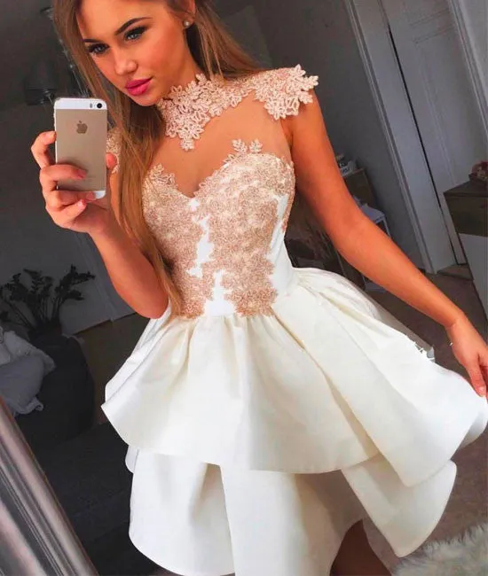 Cute white lace short prom dress, cute homecoming dress