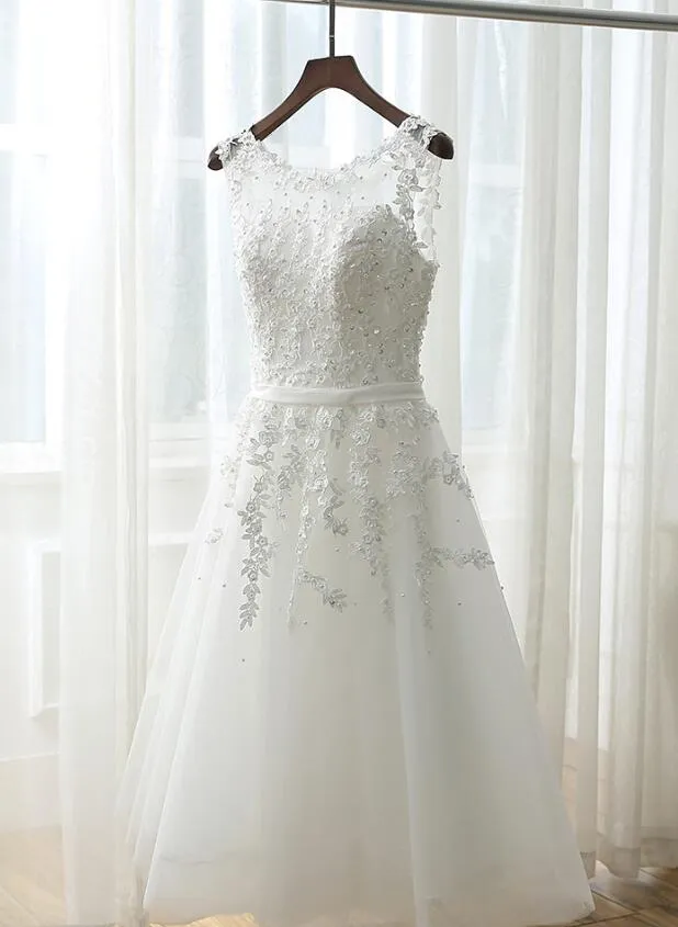 Cute White Simple Tea Length Round Neckline Wedding Party Dress, Prom Dress