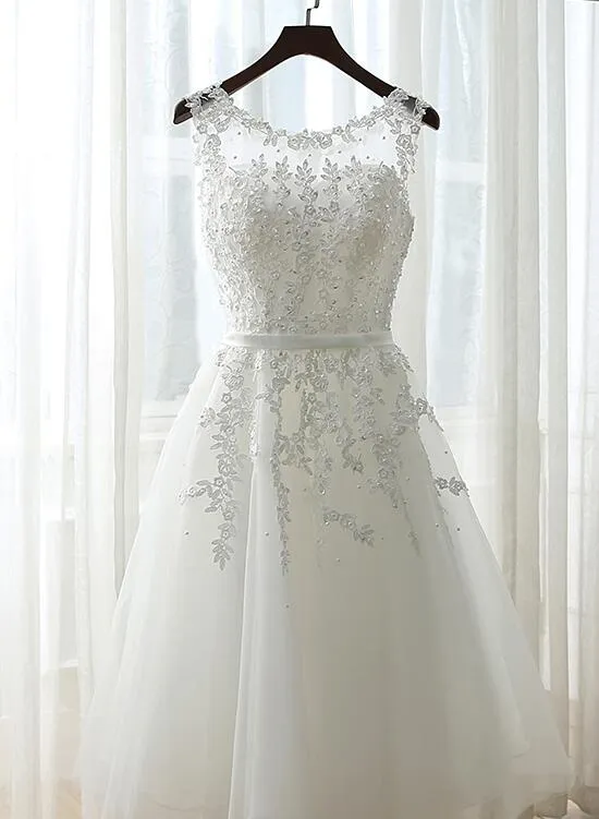 Cute White Simple Tea Length Round Neckline Wedding Party Dress, Prom Dress