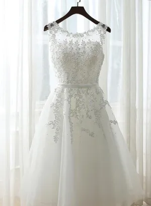 Cute White Simple Tea Length Round Neckline Wedding Party Dress, Prom Dress