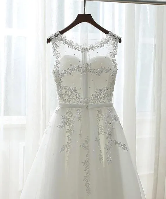 Cute White Simple Tea Length Round Neckline Wedding Party Dress, Prom Dress