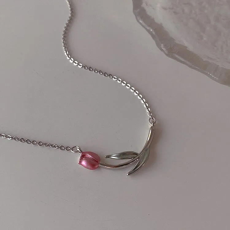 Dainty Handmade Enamel Pink Tulip Chain Necklace