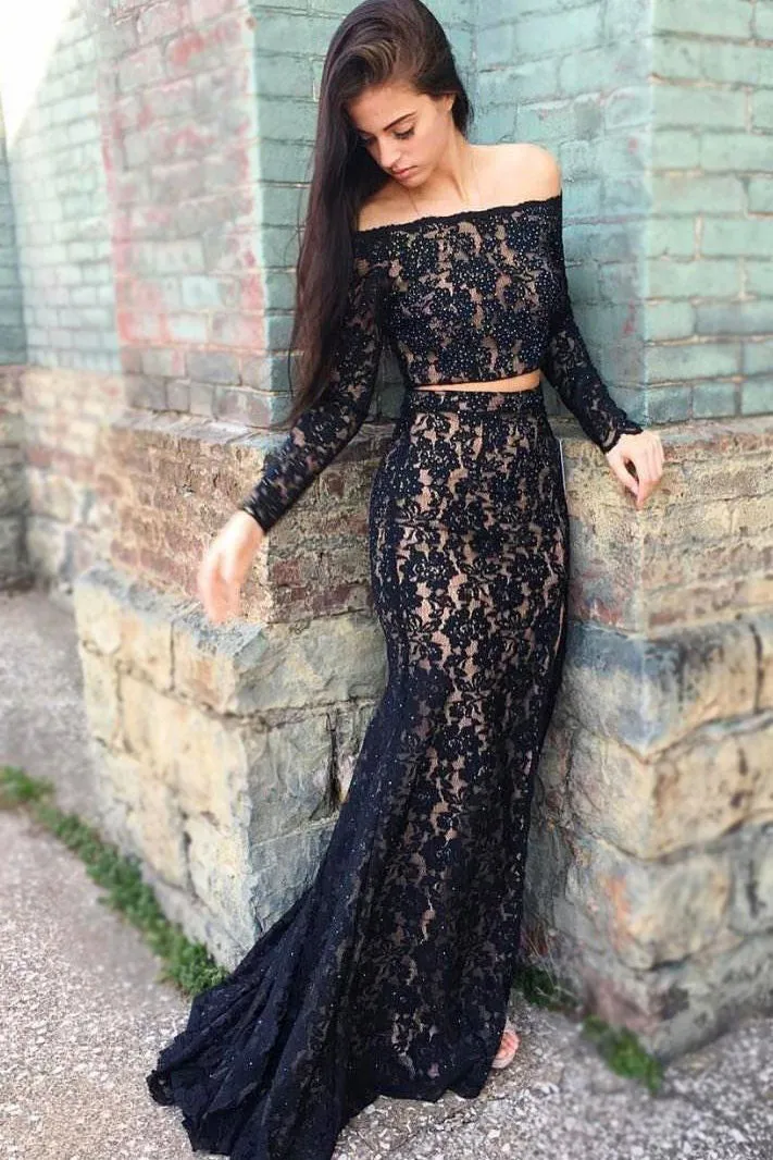 Dark blue lace long prom dress, lace evening dress