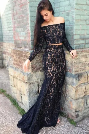 Dark blue lace long prom dress, lace evening dress