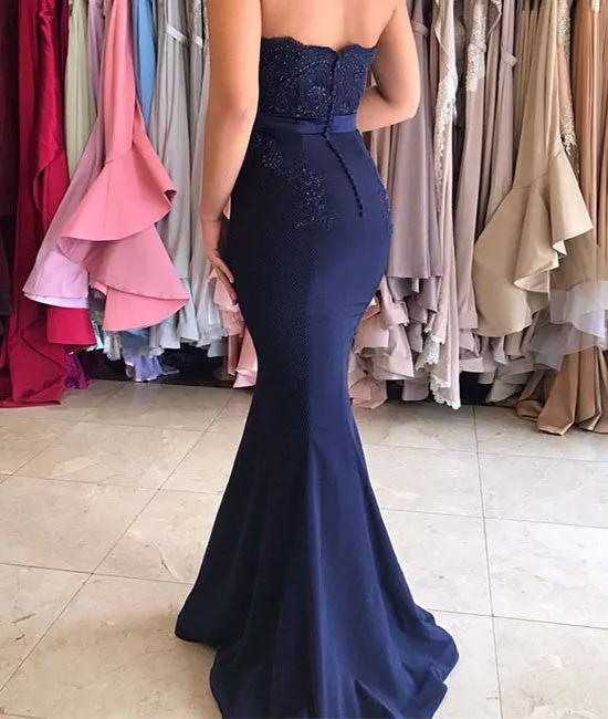 Dark blue lace mermaid long prom dress, bridesmaid dress