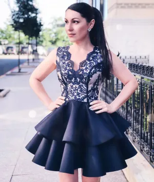 Dark blue satin lace short prom dress, dark blue homecoming dress