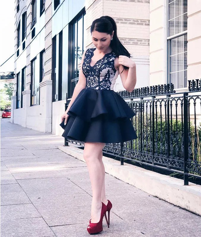 Dark blue satin lace short prom dress, dark blue homecoming dress