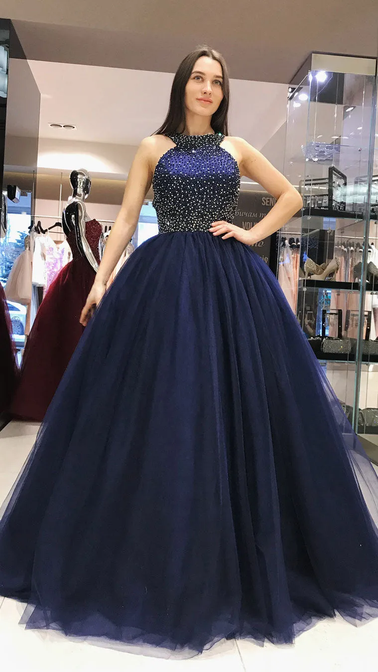 Dark blue tulle beads long prom dress, dark blue evening dress