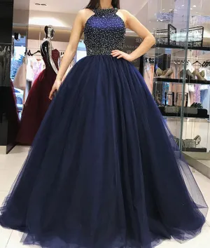 Dark blue tulle beads long prom dress, dark blue evening dress