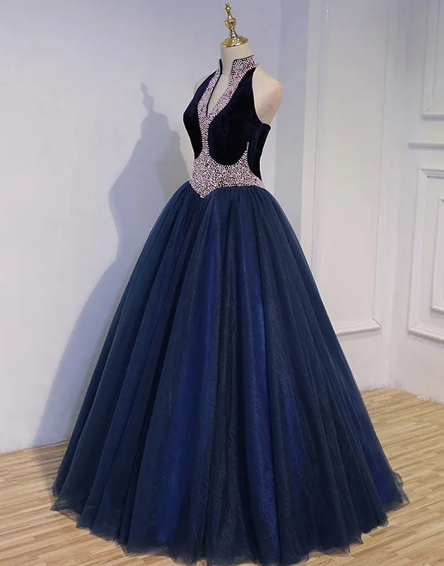 Dark blue tulle beads long prom dress, dark blue evening dress
