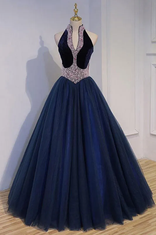 Dark blue tulle beads long prom dress, dark blue evening dress