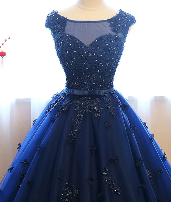 Dark blue tulle lace long prom dress, dark blue sweet 16 dress