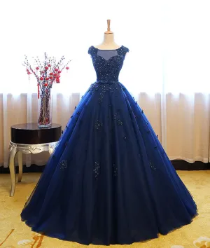 Dark blue tulle lace long prom dress, dark blue sweet 16 dress