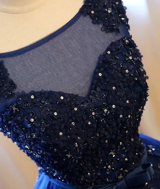 Dark blue tulle lace long prom dress, dark blue sweet 16 dress