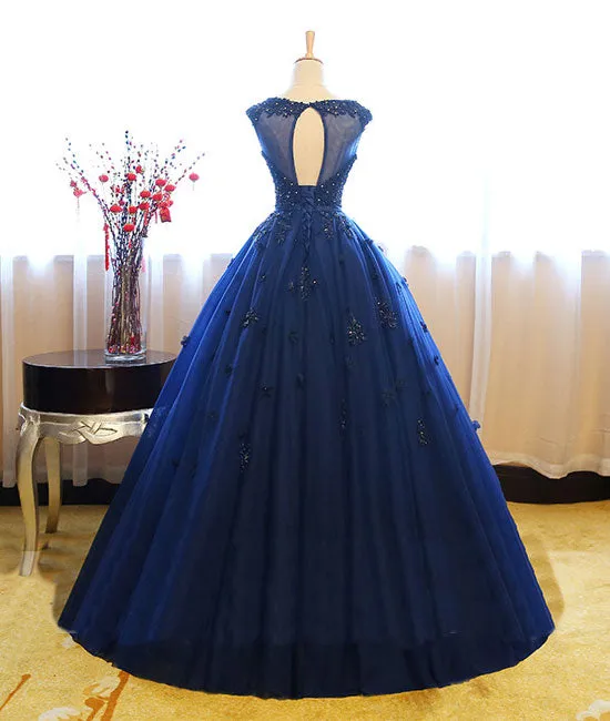 Dark blue tulle lace long prom dress, dark blue sweet 16 dress