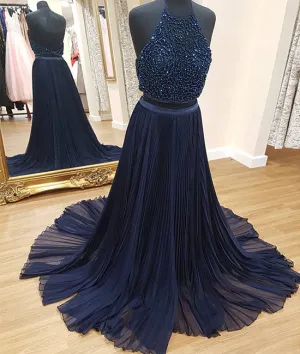 Dark blue two pieces beads chiffon long prom dress, evening dress