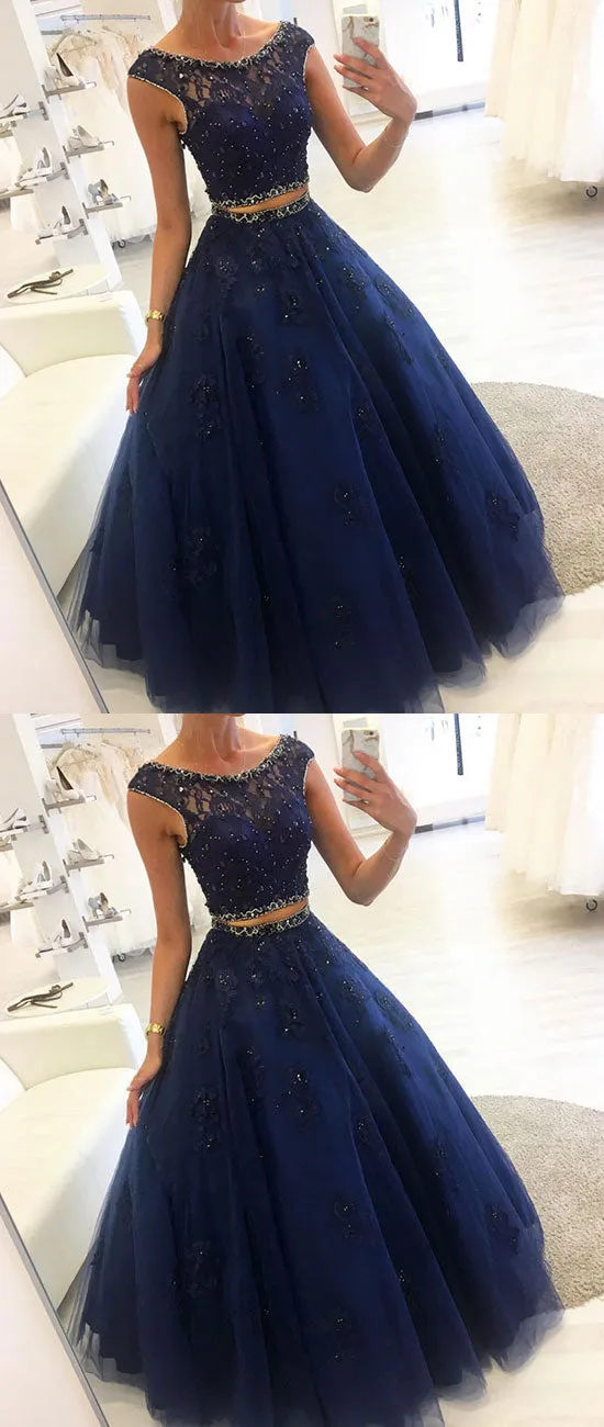 Dark blue two pieces lace long prom dress, blue evening dress