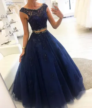 Dark blue two pieces lace long prom dress, blue evening dress
