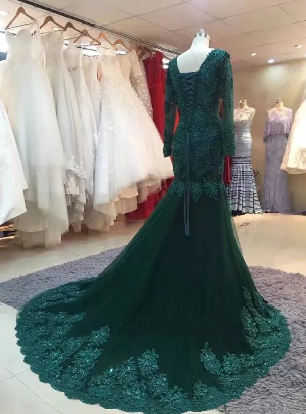 Dark Green Long Sleeves V-neck Lace Mermaid Formal Dresses, Elegant Prom Dress