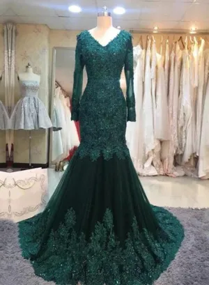 Dark Green Long Sleeves V-neck Lace Mermaid Formal Dresses, Elegant Prom Dress