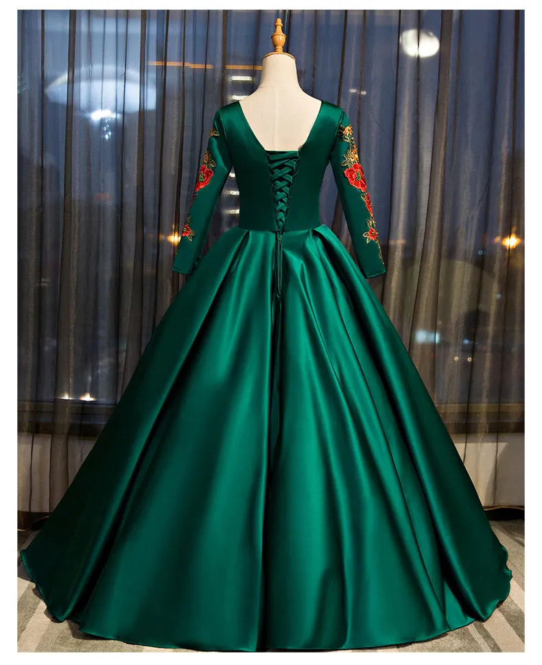 Dark Green Satin Long Ball Gown Sweet 16 Dress, Green Prom Dress
