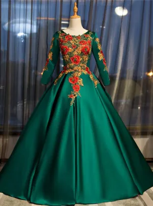 Dark Green Satin Long Ball Gown Sweet 16 Dress, Green Prom Dress