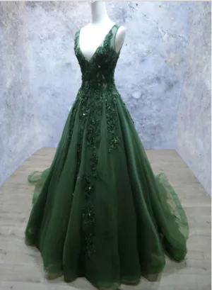 Dark Green V-neckline Lace Applique Low Back Formal Dress, Green Tulle Prom Dress