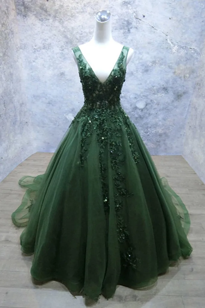 Dark Green V-neckline Lace Applique Low Back Formal Dress, Green Tulle Prom Dress