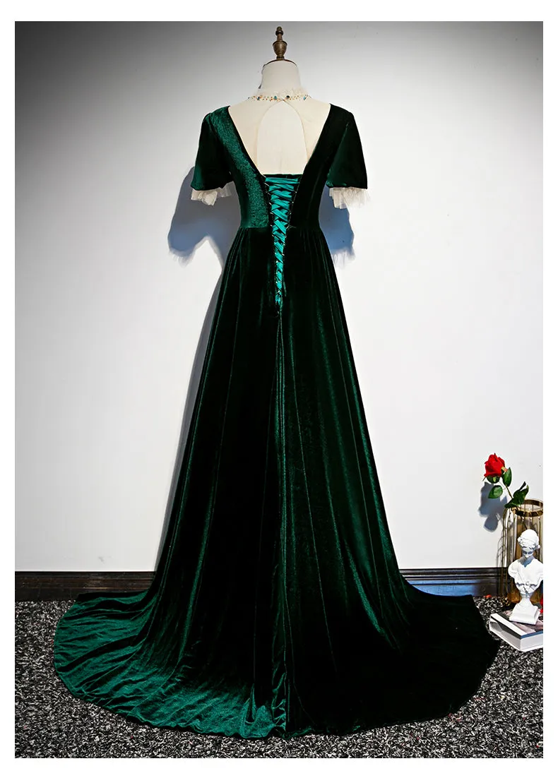 Dark Green Velvet Short Sleeves A-line Bridesmaid Dress, Long Prom Dress Evening Dress