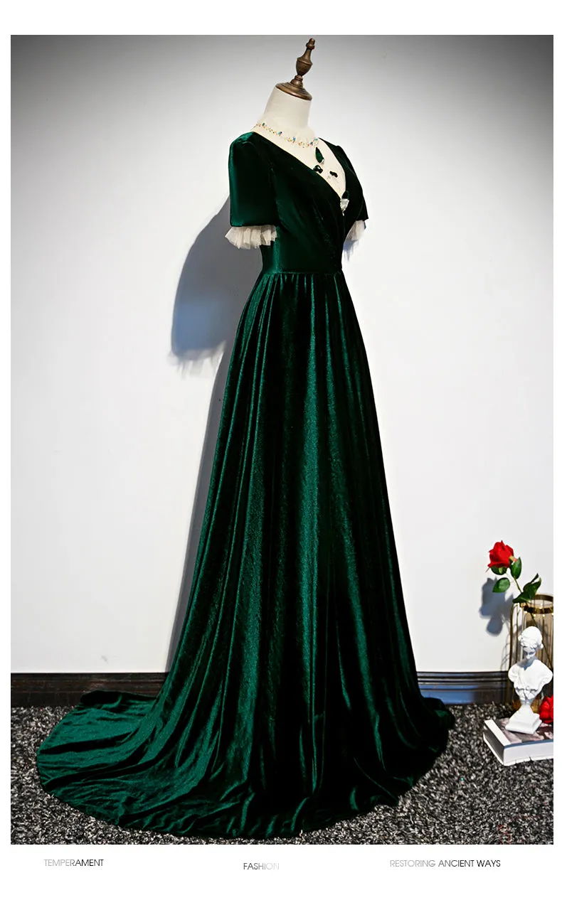 Dark Green Velvet Short Sleeves A-line Bridesmaid Dress, Long Prom Dress Evening Dress