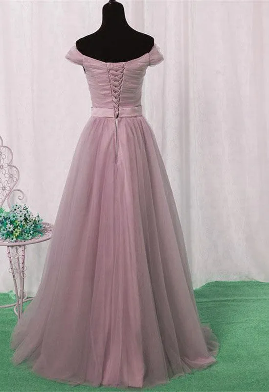 Dark Pink Tulle Off Shoulder Lovely Bridesmaid Dress , A-line Tulle Long Bridesmaid Dress
