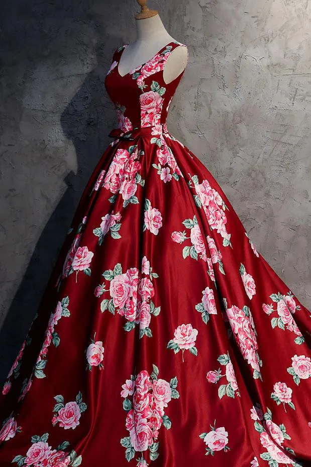 Dark Red Floral V-neckline Gorgeous Gowns, Red Formal Gowns, Pretty Floral Formal Dresses