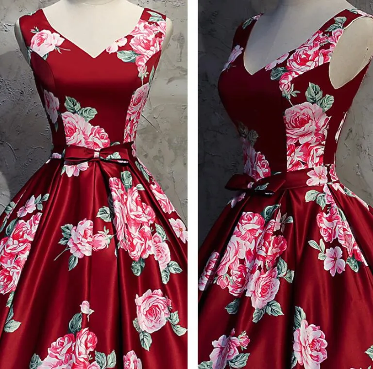 Dark Red Floral V-neckline Gorgeous Gowns, Red Formal Gowns, Pretty Floral Formal Dresses