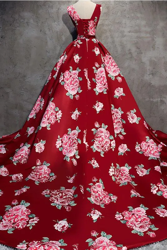 Dark Red Floral V-neckline Gorgeous Gowns, Red Formal Gowns, Pretty Floral Formal Dresses