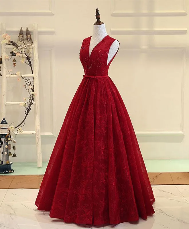 Dark Red Lace Long Formal Gown, V-neckline Party Dress, Prom Dresses