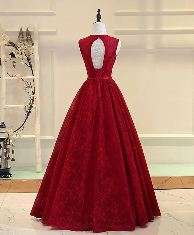 Dark Red Lace Long Formal Gown, V-neckline Party Dress, Prom Dresses
