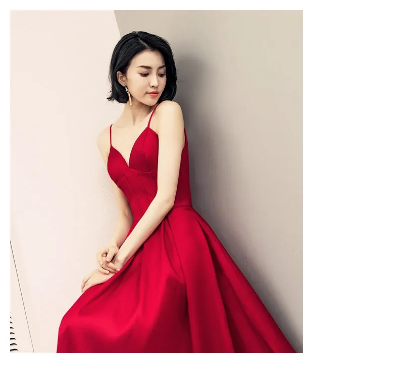 Dark Red Straps Beautiful Satin Prom Dress , Red Party Gowns