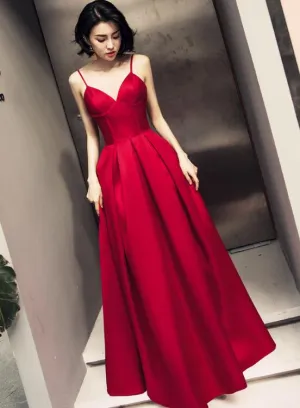 Dark Red Straps Beautiful Satin Prom Dress , Red Party Gowns