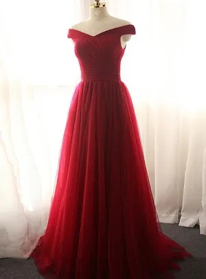 Dark Red Tulle A-line Long Prom Dress, Beautiful Prom Dress